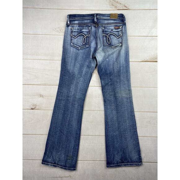 Vtg Hint Jeans Womens 9 Blue Flare Bootcut Low Rise Distressed Pockets Y2K - Picture 10 of 11
